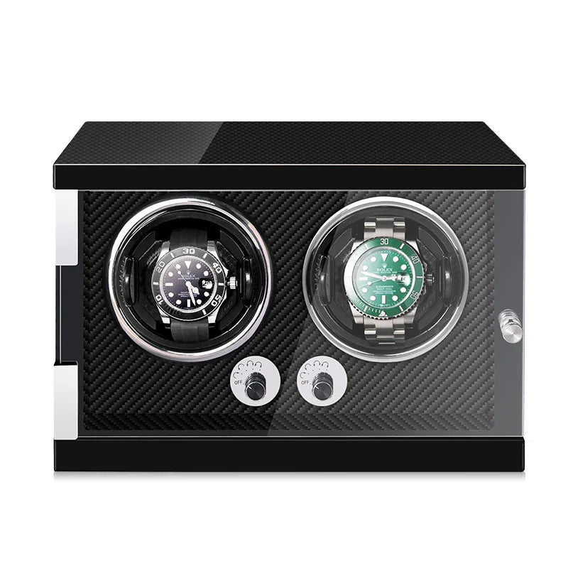 Watch winder for 2 automatic watches in black with carbon-weave interior