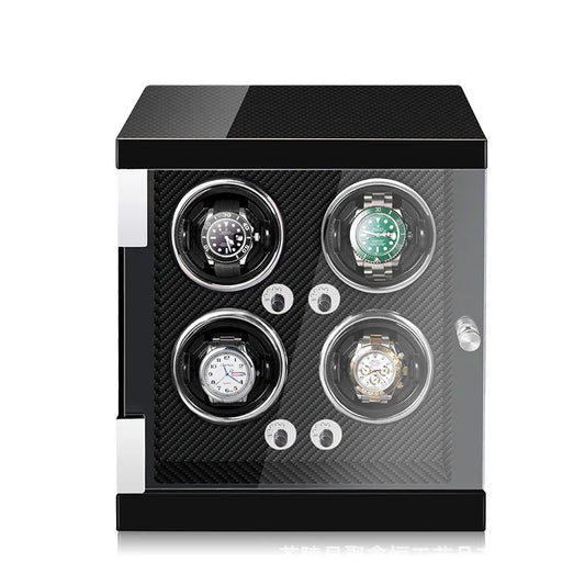 Watch winder for 4 automatic watches in black with carbon-weave interior