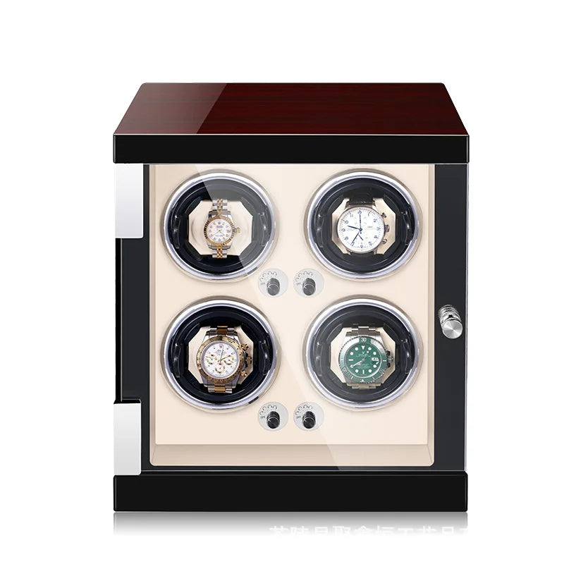 Watch winder for 4 automatic watches in piano black with cream interior
