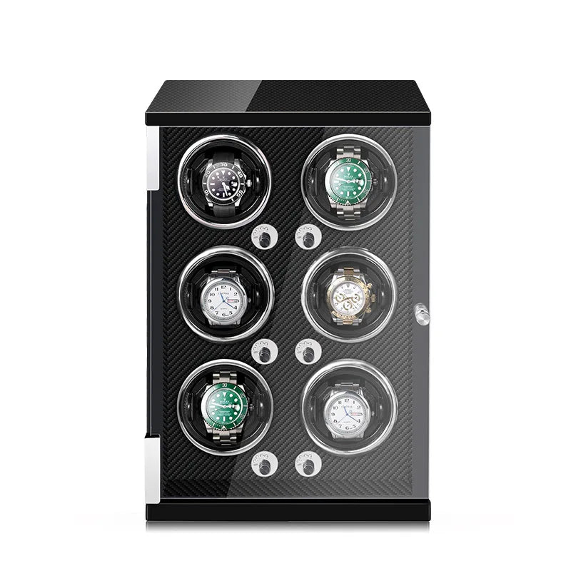 Watch winder tower for 6 automatic watches in black with carbon-weave interior