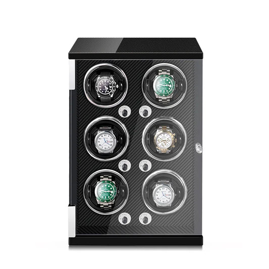 Watch winder tower for 6 automatic watches in black with carbon-weave interior