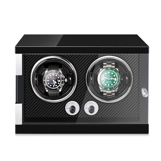 Watch winder for 2 automatic watches in black with carbon-weave interior