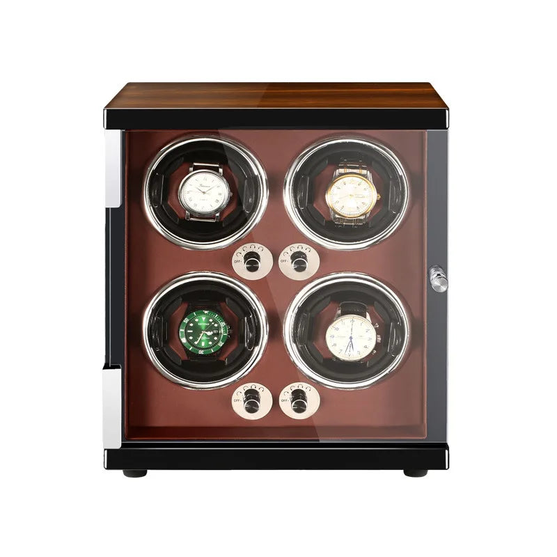Watch winder for 4 automatic watches in rosewood with terracotta interior
