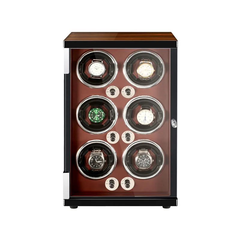 Watch winder tower for 6 automatic watches in rosewood with terracotta interior