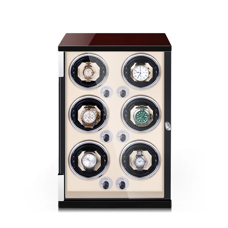 Watch winder tower for 6 automatic watches in piano black with cream interior